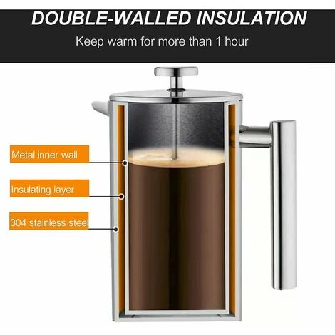 1 Litre (8 Tasses), Cafetière à Piston En Acier Inoxydable 304 à Double Paroi Lsolée, Cafetiere Piston Avec 1 Filtre Supplémentaire, Système De Filtration à 3 Niveaux, Argenté 4 1 Litre (8 Tasses), Cafetière à Piston En Acier Inoxydable 304 à Double Paroi Lsolée, Cafetiere Piston Avec 1 Filtre Supplémentaire, Système De Filtration à 3 Niveaux, Argenté – Image 2