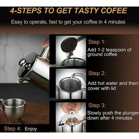 1 Litre (8 Tasses), Cafetière à Piston En Acier Inoxydable 304 à Double Paroi Lsolée, Cafetiere Piston Avec 1 Filtre Supplémentaire, Système De Filtration à 3 Niveaux, Argenté 5 1 Litre (8 Tasses), Cafetière à Piston En Acier Inoxydable 304 à Double Paroi Lsolée, Cafetiere Piston Avec 1 Filtre Supplémentaire, Système De Filtration à 3 Niveaux, Argenté – Image 3